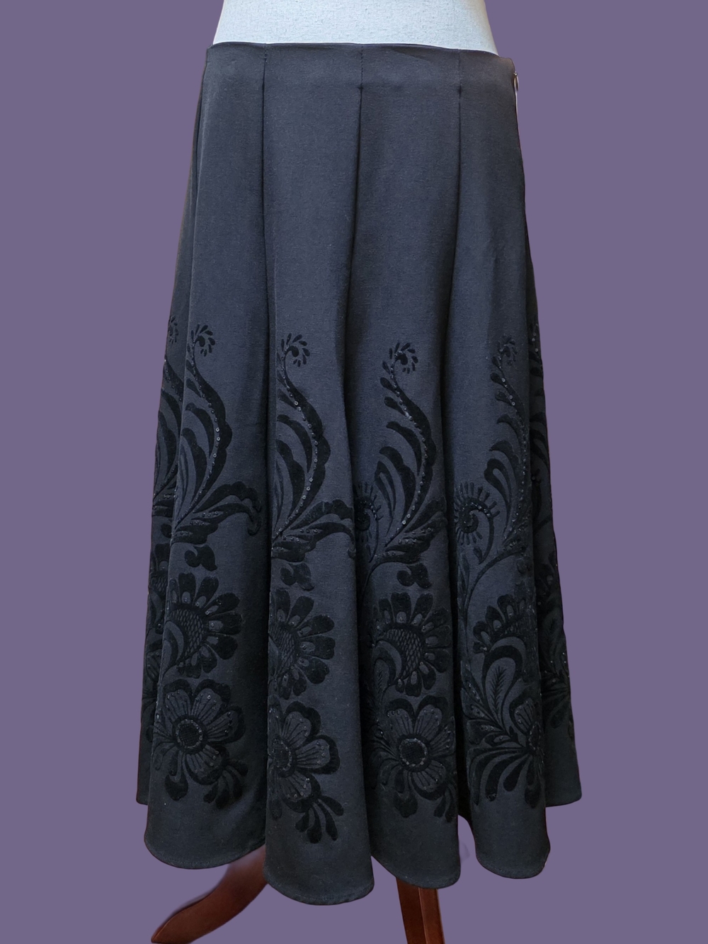 Sunny Taylor Gothic Black Velvet Sequin Floral A Line Skirt